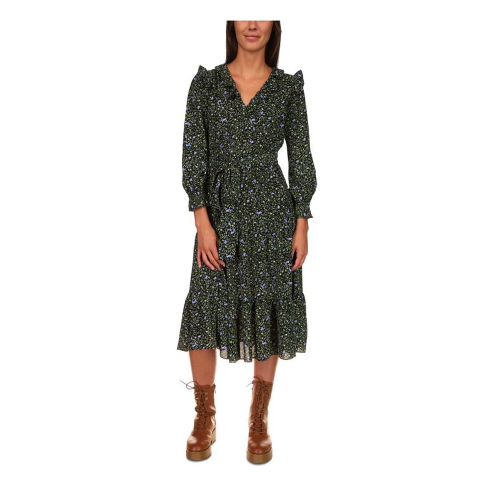MICHAEL MICHAEL KORS Womens Black Long Sleeve V Neck Midi Cocktail Dress XXS